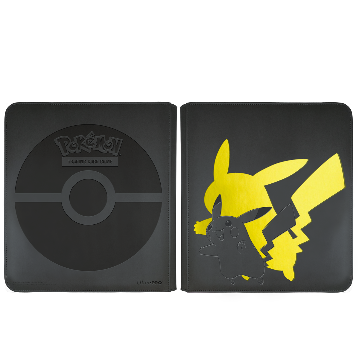 A black Elite Series Pikachu 12-Pocket Zippered PRO-BINDER for Pokémon Trading Card Game. Brand: Ultra PRO.