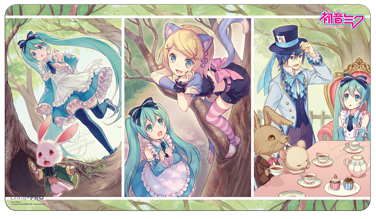 A Digital Dreamland Woodland Wonderland Standard Gaming Playmat Mousepad featuring Hatsune Miku characters in a whimsical forest setting. Brand: Ultra PRO, Item: Digital Dreamland Woodland Wonderland Standard Gaming Playmat Mousepad for Hatsune Miku.