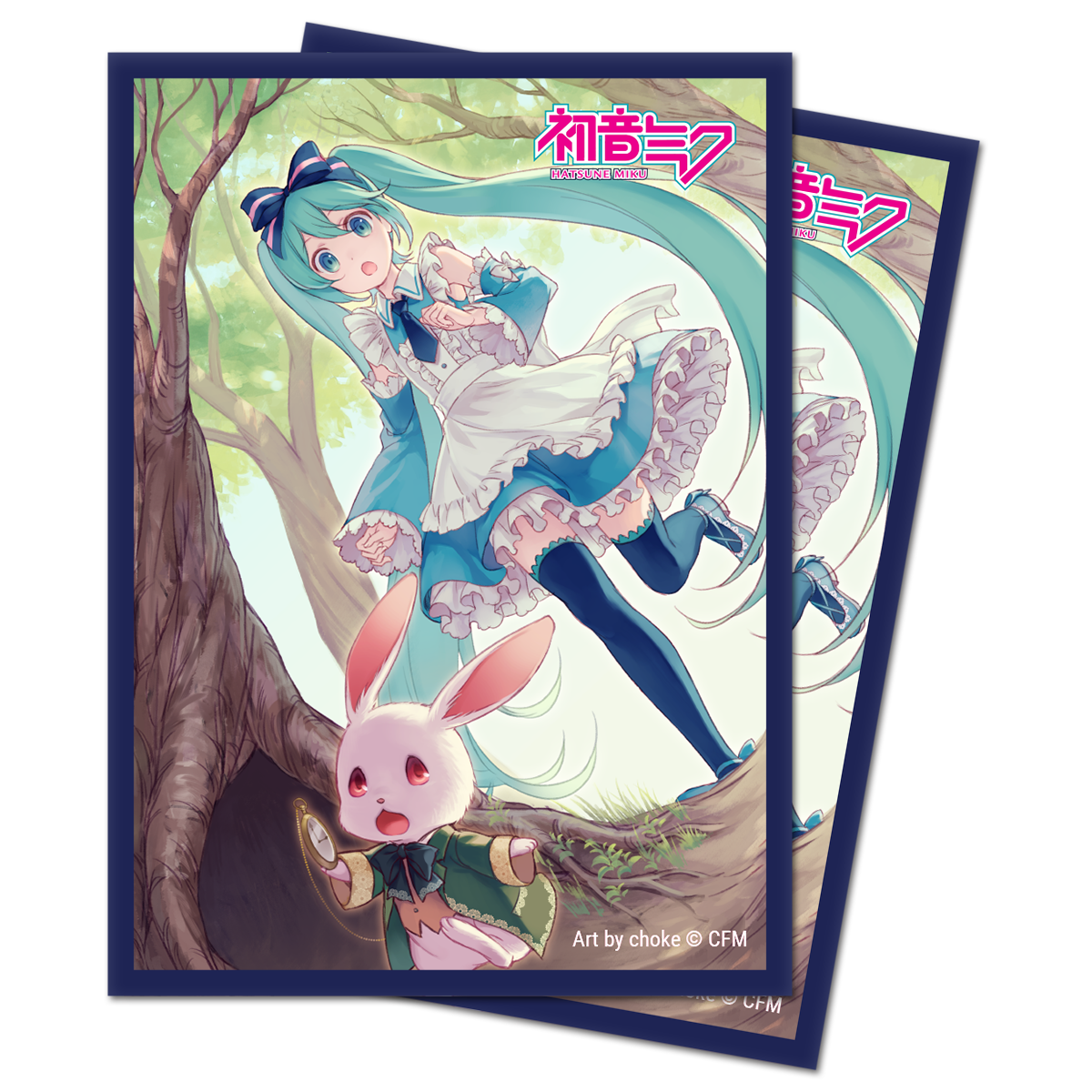 A blue and white Digital Dreamland Woodland Wonderland Standard DECK PROTECTOR Sleeves featuring Hatsune Miku in an Alice in Wonderland theme. Brand: Ultra PRO, Item: Hatsune Miku Sleeves.