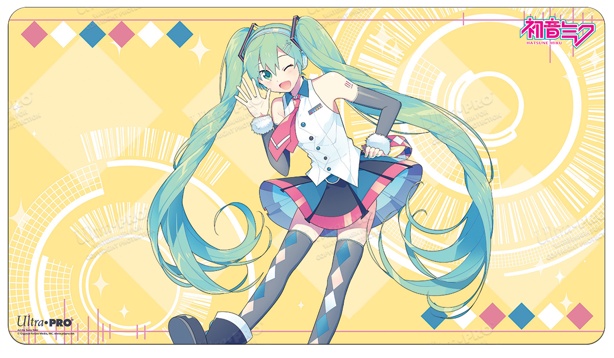 A yellow Hatsune Miku playmat. Brand: Ultra PRO, Item: Digital Dreamland Diamond Delight Standard Gaming Playmat Mousepad for Hatsune Miku