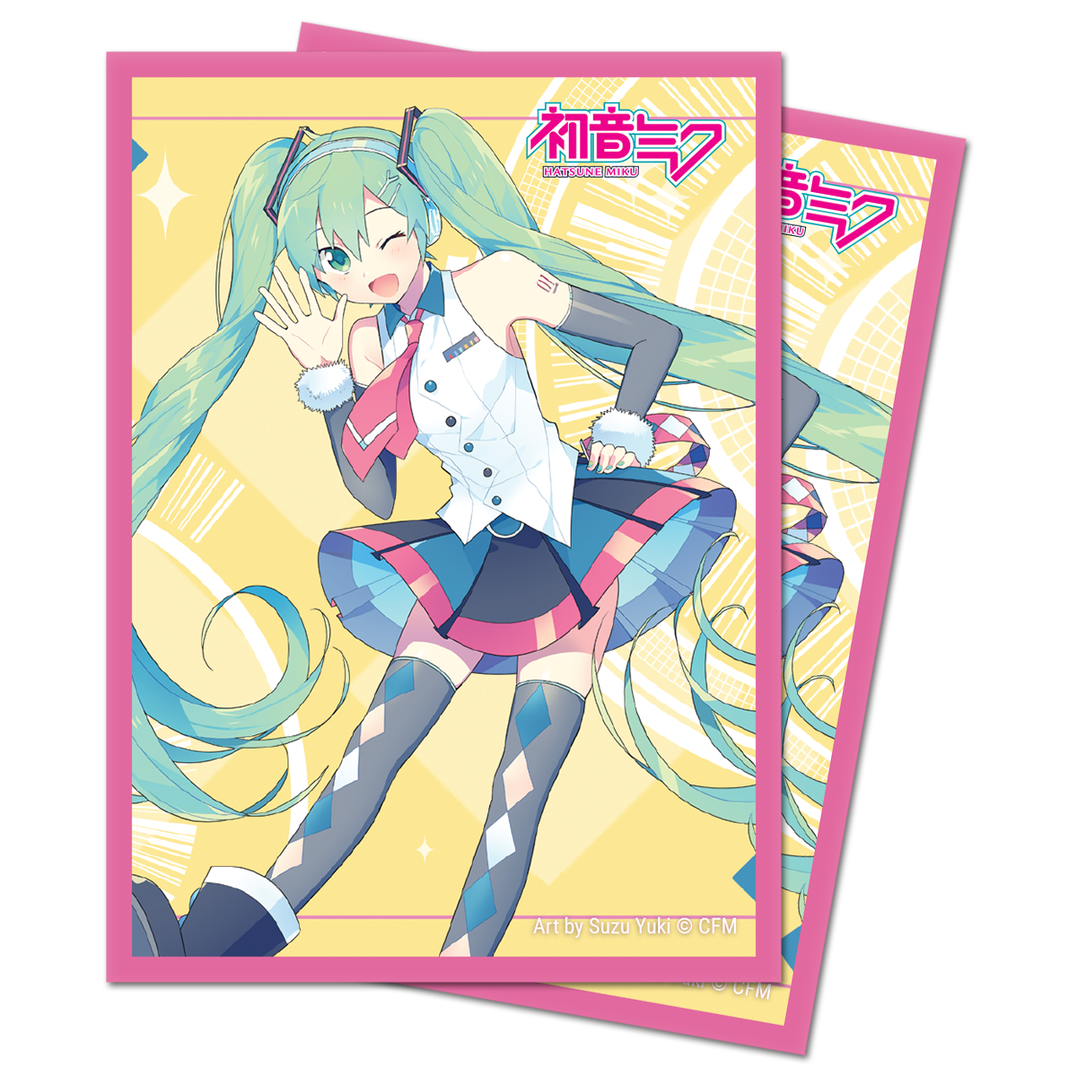 A pink bordered deck protector sleeves featuring Hatsune Miku in a diamond delight design. Brand: Ultra PRO, Item: Digital Dreamland Diamond Delight Standard DECK PROTECTOR® Sleeves (100ct) for Hatsune Miku