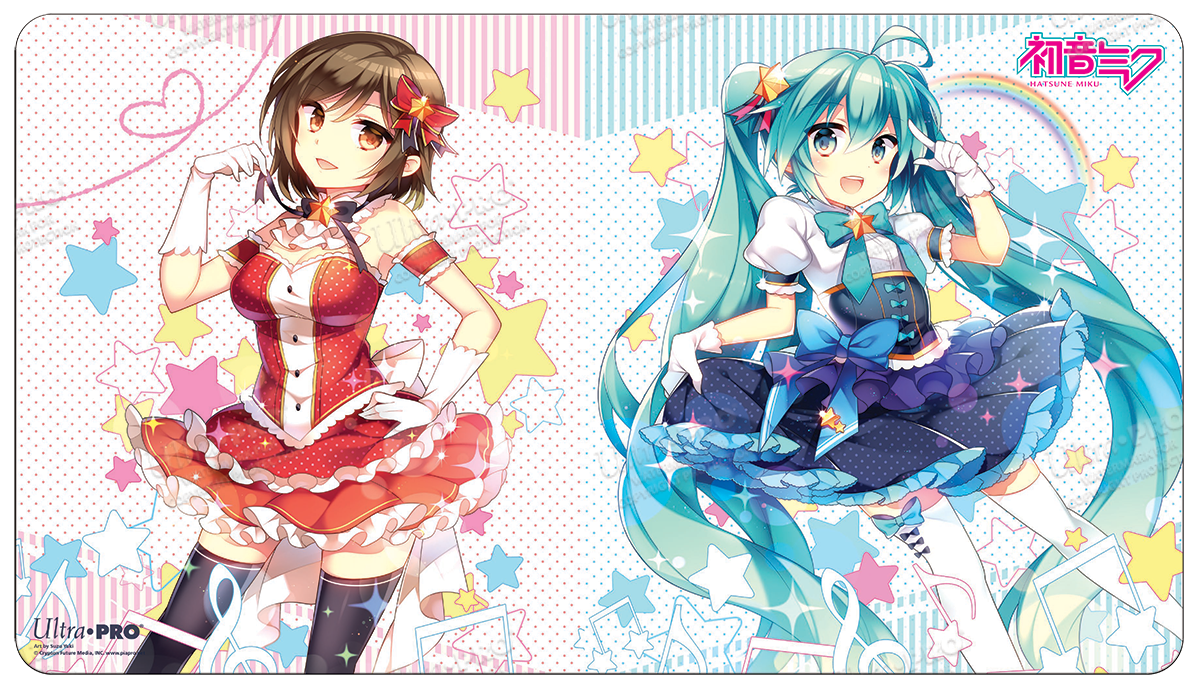 A colorful playmat featuring two anime girls, one in red and one in blue, with stars and musical notes. Brand: Ultra PRO, Item: Digital Dreamland Starlight Melody Standard Gaming Playmat Mousepad for Hatsune Miku.