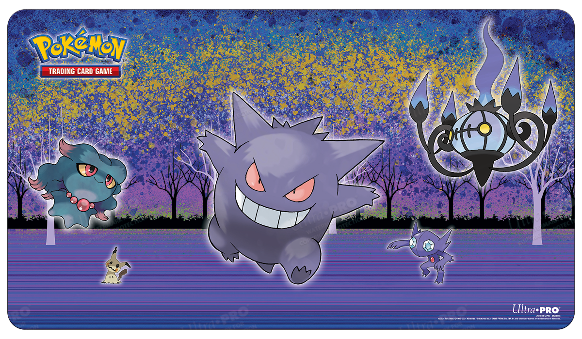 A purple and blue Halloween-themed Gaming Playmat featuring Gengar, Misdreavus, Sableye, Mimikyu, and Chandelure. Brand: Ultra PRO, Item: Gallery Series Haunted Hollow Standard Gaming Playmat Mousepad for Pokemon.