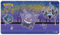 A purple and blue Halloween-themed Gaming Playmat featuring Gengar, Misdreavus, Sableye, Mimikyu, and Chandelure. Brand: Ultra PRO, Item: Gallery Series Haunted Hollow Standard Gaming Playmat Mousepad for Pokemon.