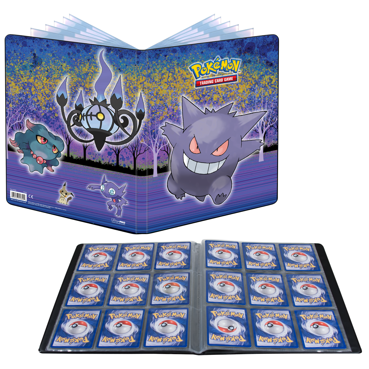 A purple and blue Gallery Series Haunted Hollow 9-Pocket Portfolio for Pokemon Trading Cards. Brand: Ultra Pro, Item: Pokemon Trading Card Game Portfolio.
