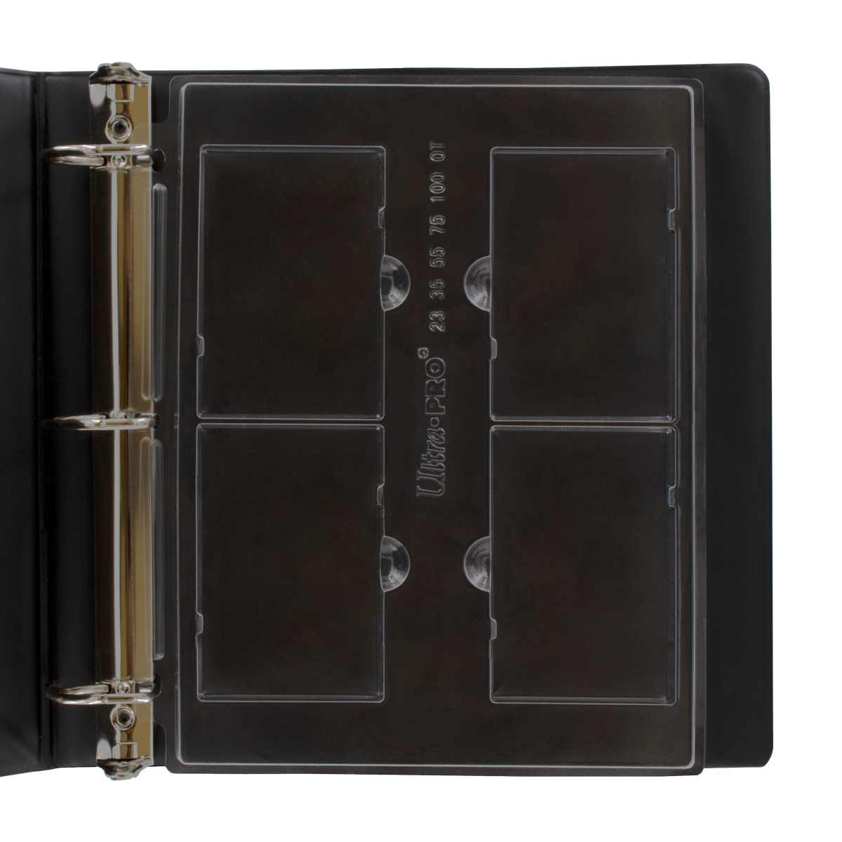 A black 4-Pocket Page for 23PT-100PT ONE-TOUCH® Displays. Brand: Ultra-PRO, Item: 4-Pocket Page for 23PT-100PT ONE-TOUCH® Displays.