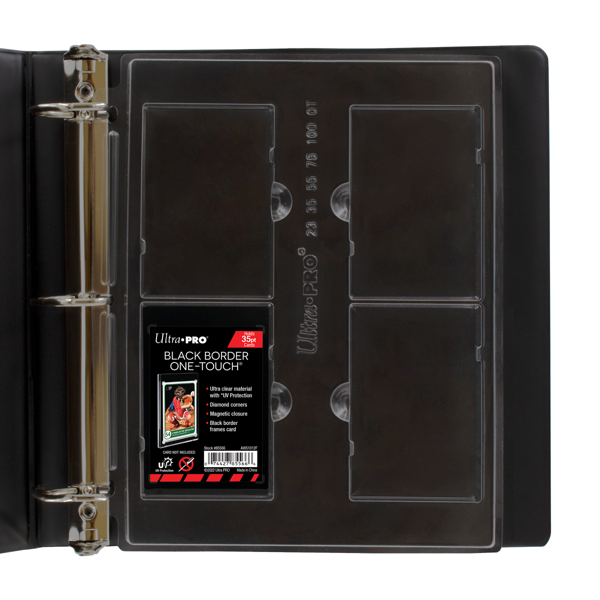 A black 4-pocket page for 23PT-100PT ONE-TOUCH® Displays. Brand: Ultra PRO, Item: 4-Pocket Page for 23PT-100PT ONE-TOUCH® Displays
