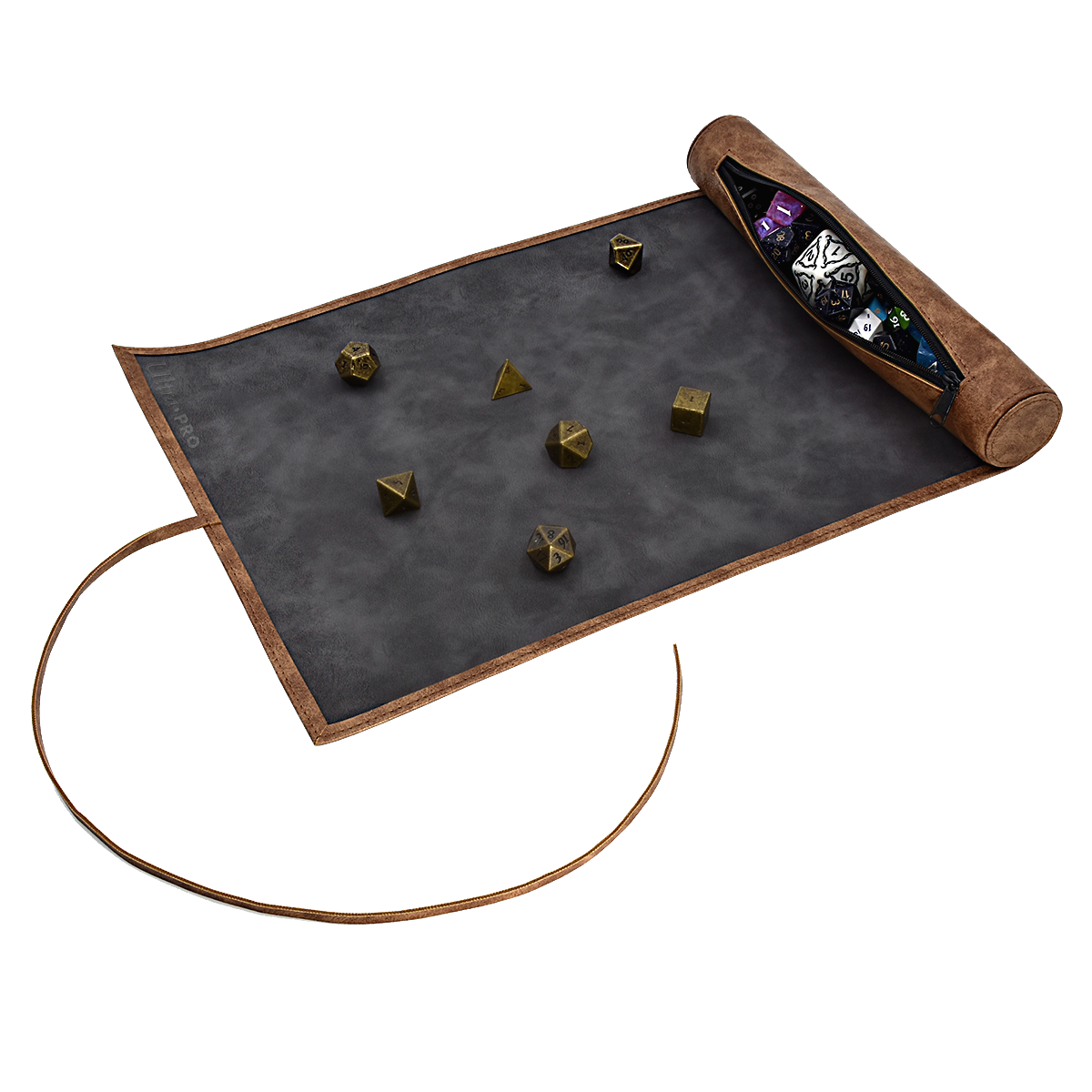 A brown leatherette Dice Scroll with dice scattered on the mat. Brand: Ultra PRO, Item: Dice Scroll