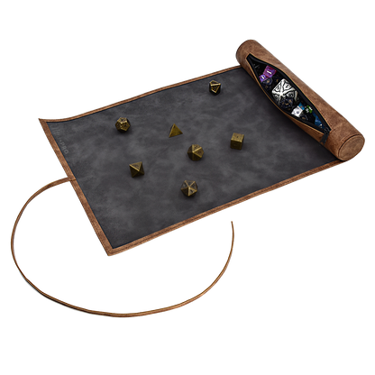 A brown leatherette Dice Scroll with dice scattered on the mat. Brand: Ultra PRO, Item: Dice Scroll