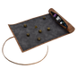 A brown leatherette Dice Scroll with dice scattered on the mat. Brand: Ultra PRO, Item: Dice Scroll