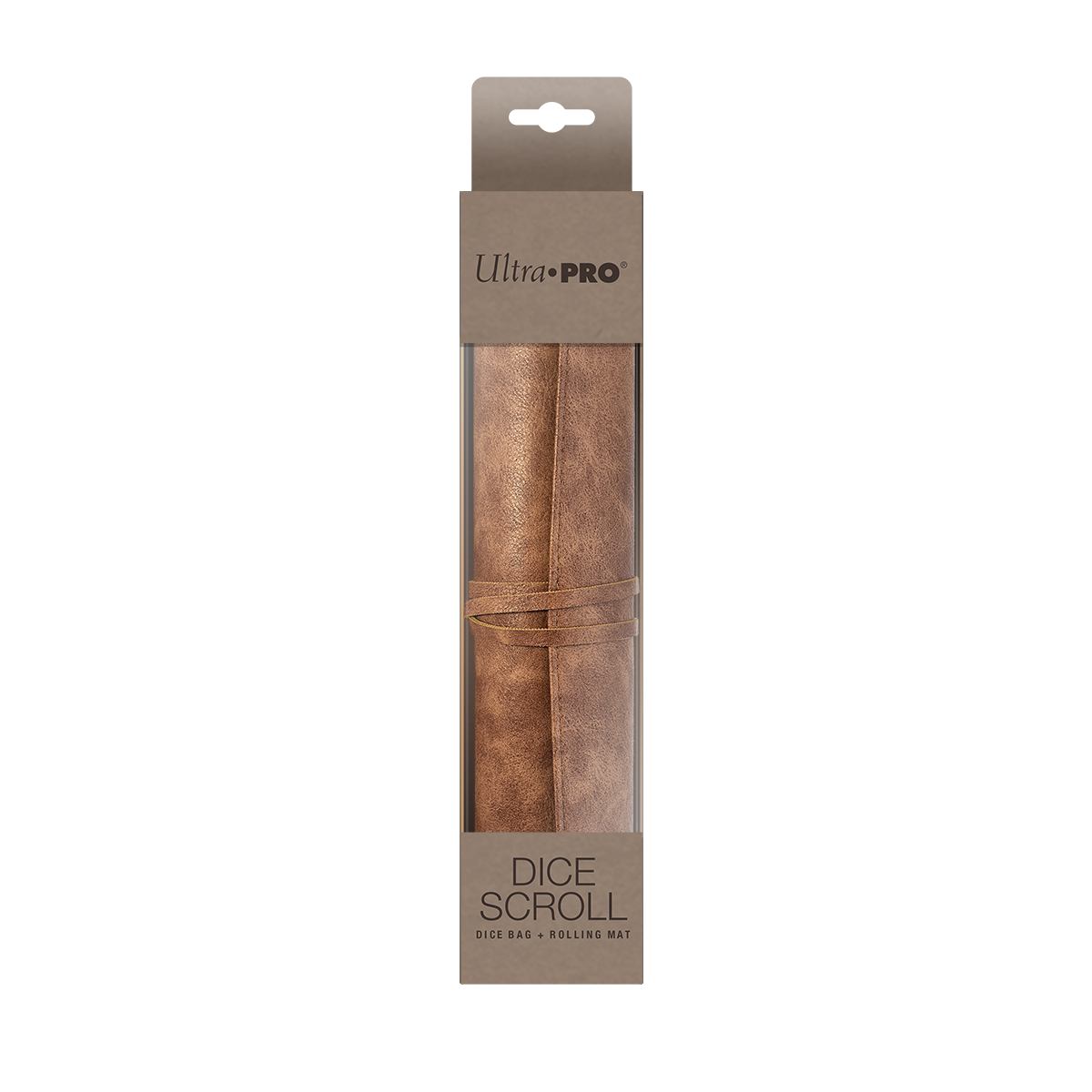A brown leather dice scroll bag and rolling mat. Brand: Ultra PRO, Item: Dice Scroll.
