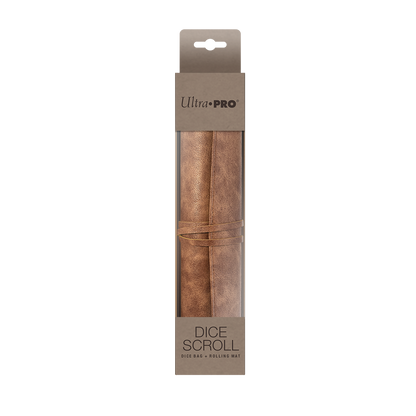 A brown leather dice scroll bag and rolling mat. Brand: Ultra PRO, Item: Dice Scroll.