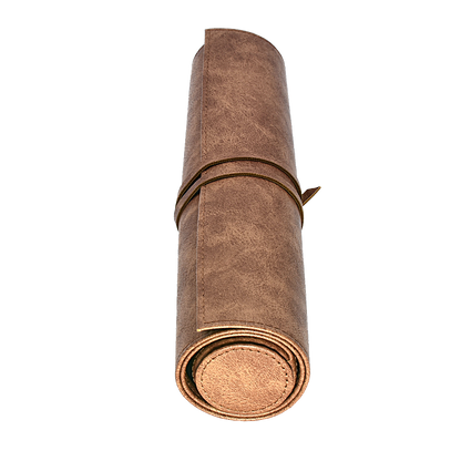 A brown leather dice scroll. Brand: Unknown, Item: Dice Scroll.