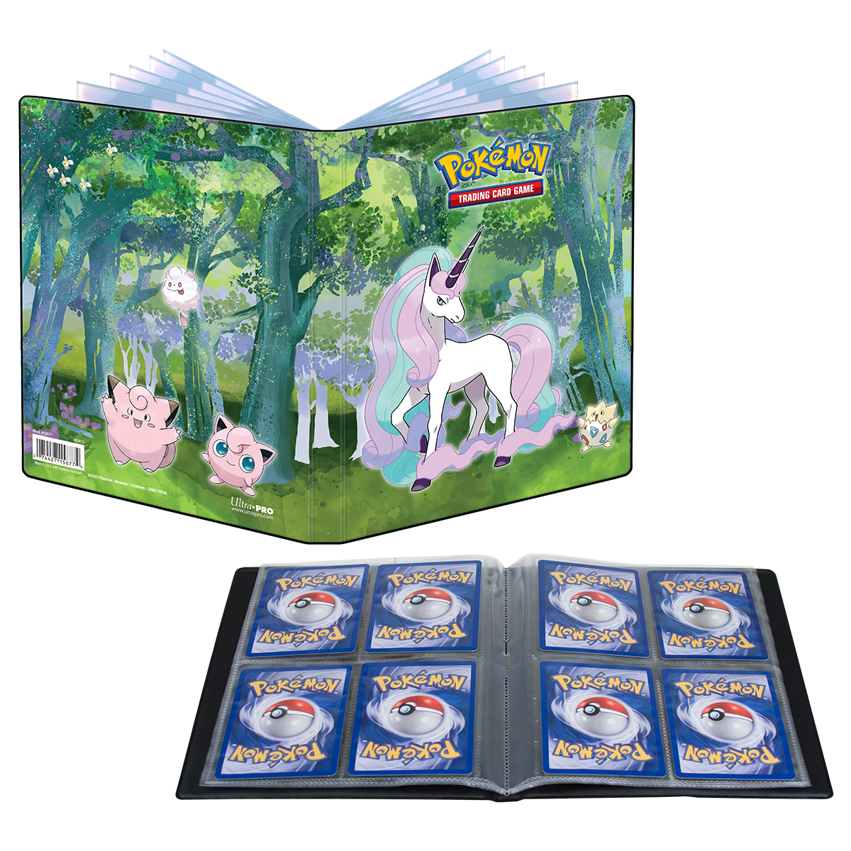 A Pokemon Trading Card Game Gallery Series Enchanted Glade 4-Pocket Portfolio by Ultra PRO.