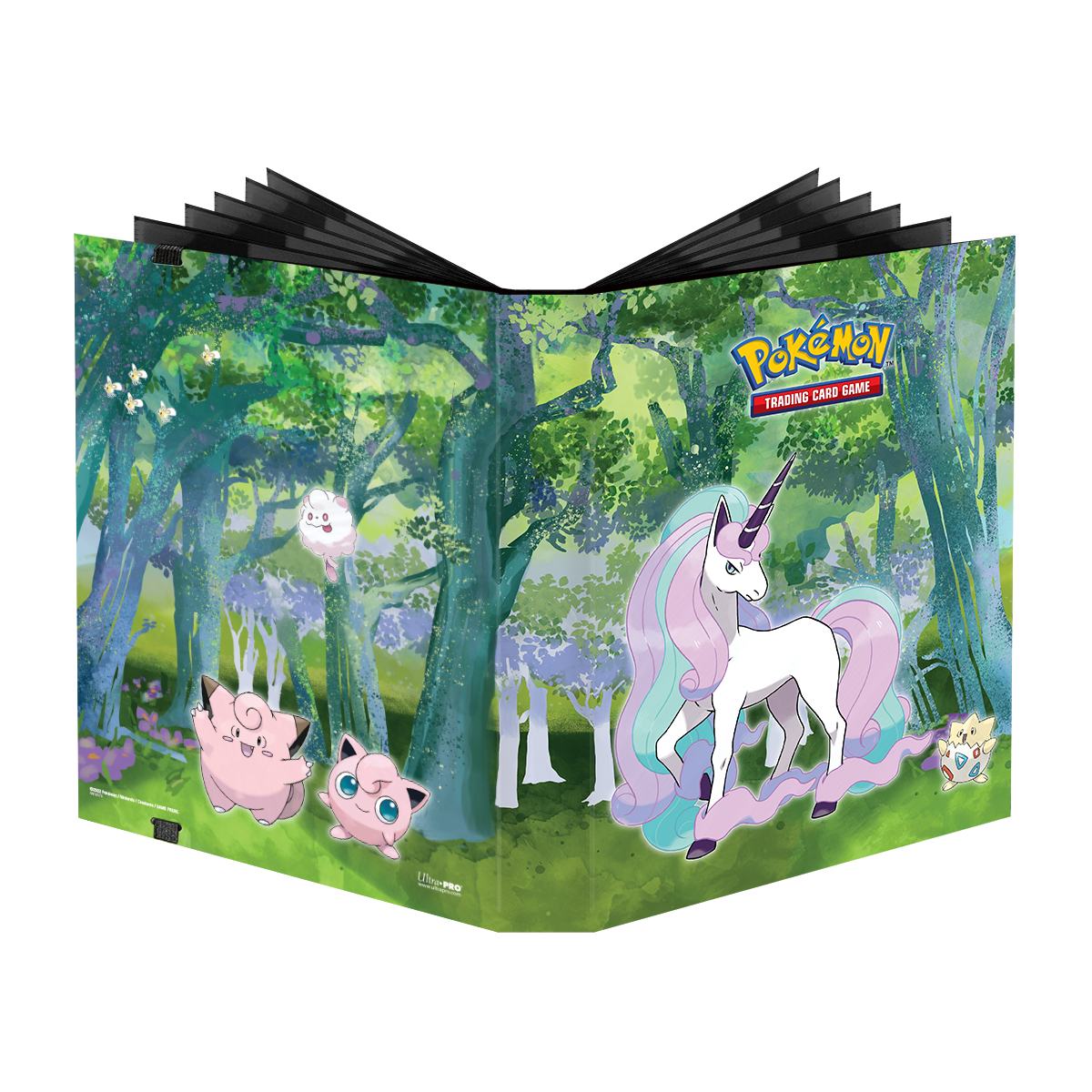 A green and purple forest scene 9-Pocket PRO-BINDER for Pokemon Trading Cards. Brand: Ultra PRO, Item: Gallery Series Enchanted Glade 9-Pocket PRO-BINDER.