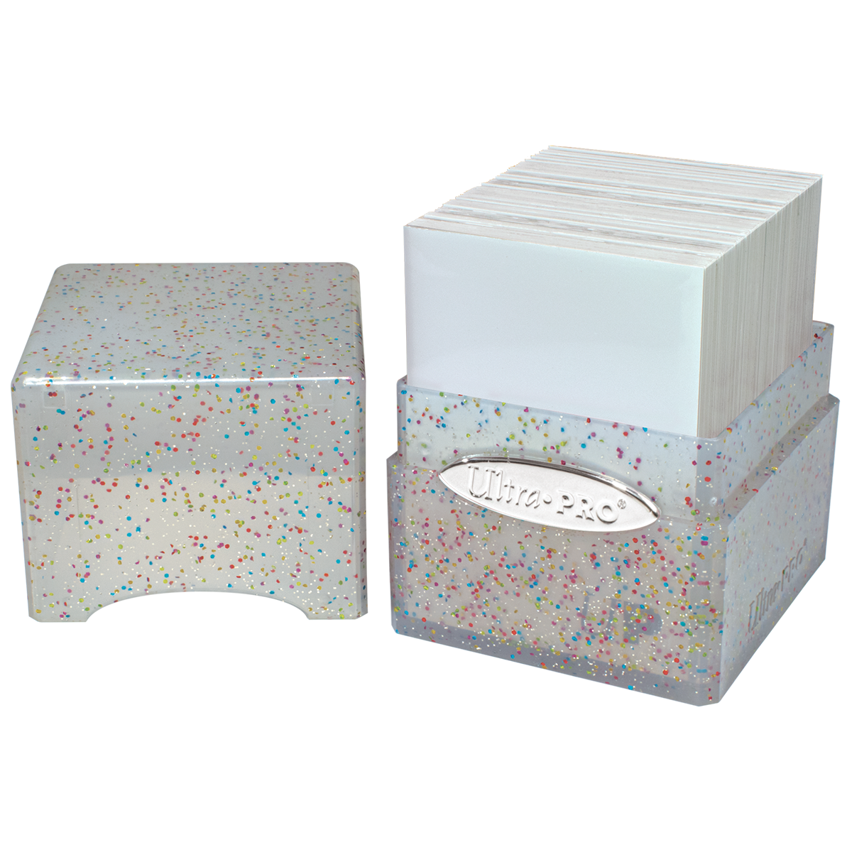 A clear glitter deck box with a lid. Brand: Ultra-Pro, Item: Glitter SATIN® Cube - Crystal.