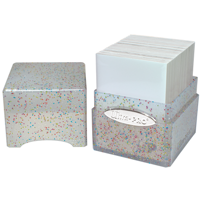A clear glitter deck box with a lid. Brand: Ultra-Pro, Item: Glitter SATIN® Cube - Crystal.