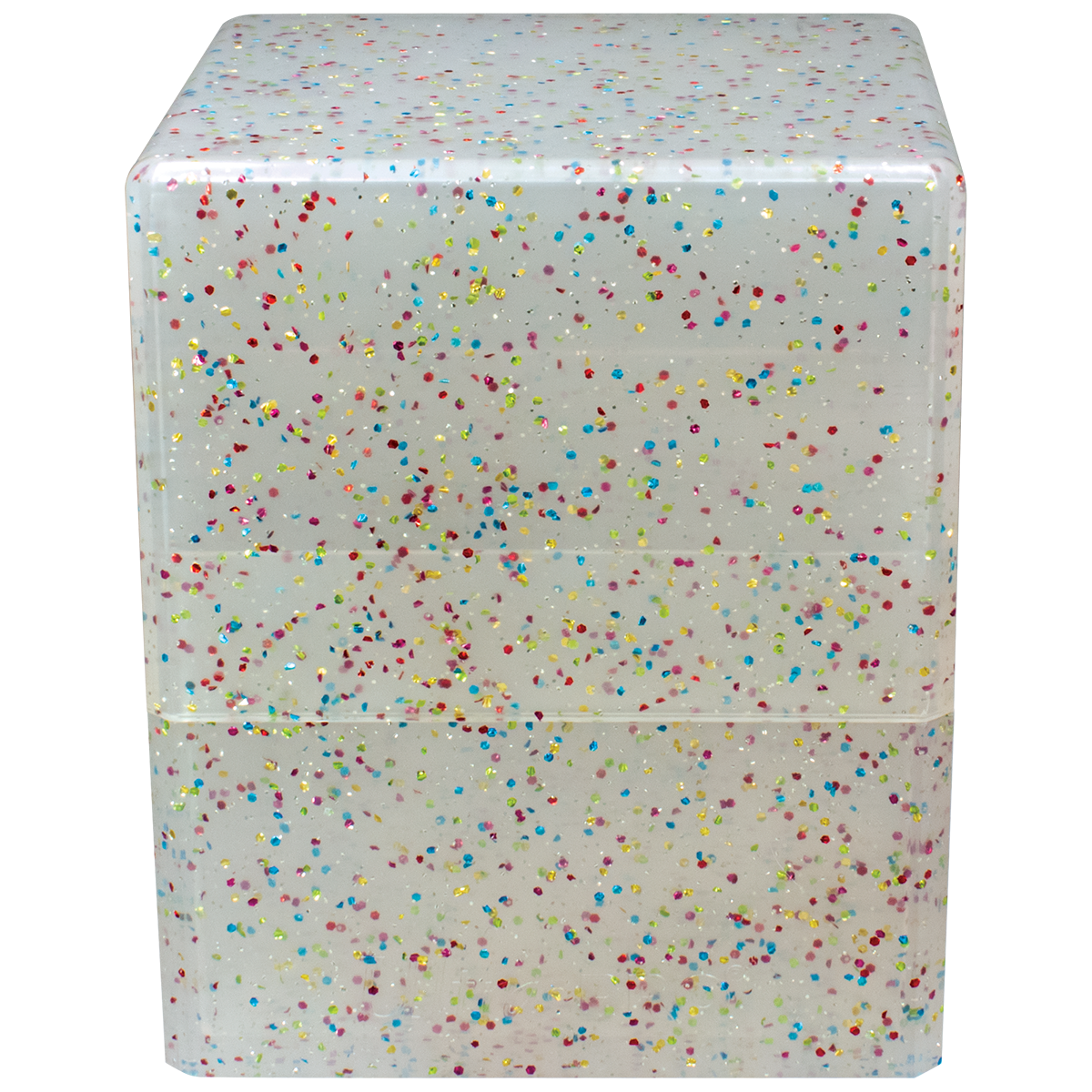 A clear glittery cube deck box. Brand: Ultra PRO, Item: Glitter SATIN® Cube - Crystal