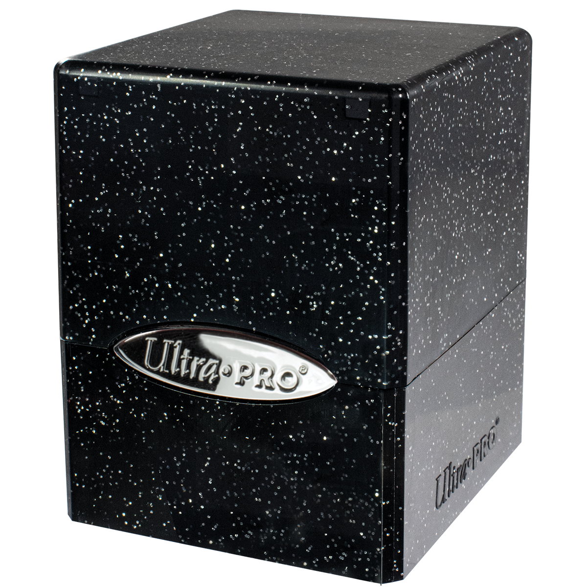 A Black Glitter SATIN Cube Deck Box. Brand: Ultra PRO, Item: Glitter SATIN Cube - Black.