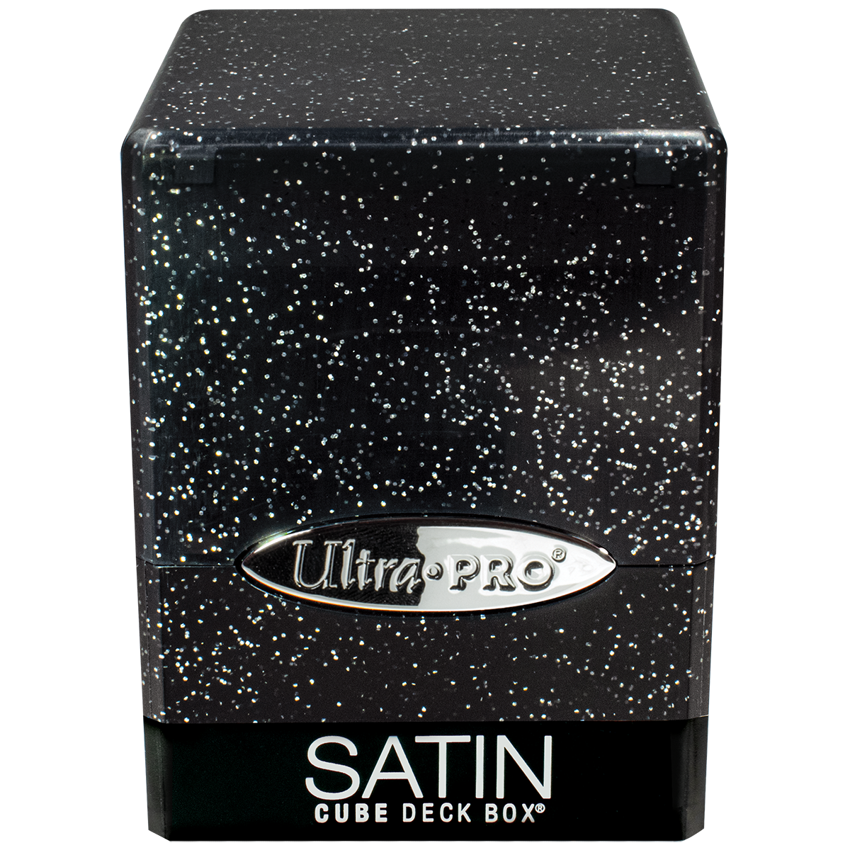 A black glittery Ultra PRO Satin Cube Deck Box.