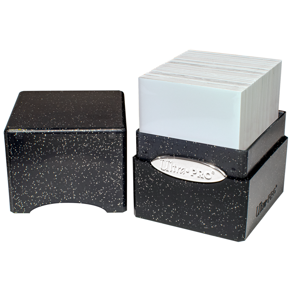 A Black Glitter SATIN Cube Deck Box. Brand: Ultra-Pro, Item: Glitter SATIN Cube - Black