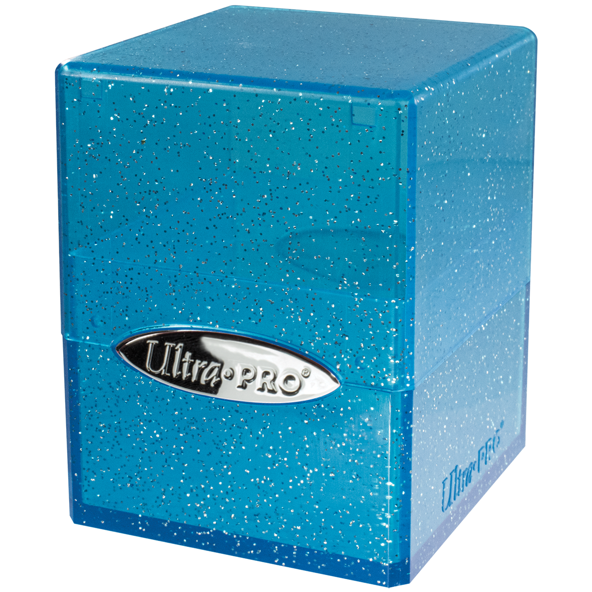 A blue glitter Ultra PRO Satin Cube deck box.
