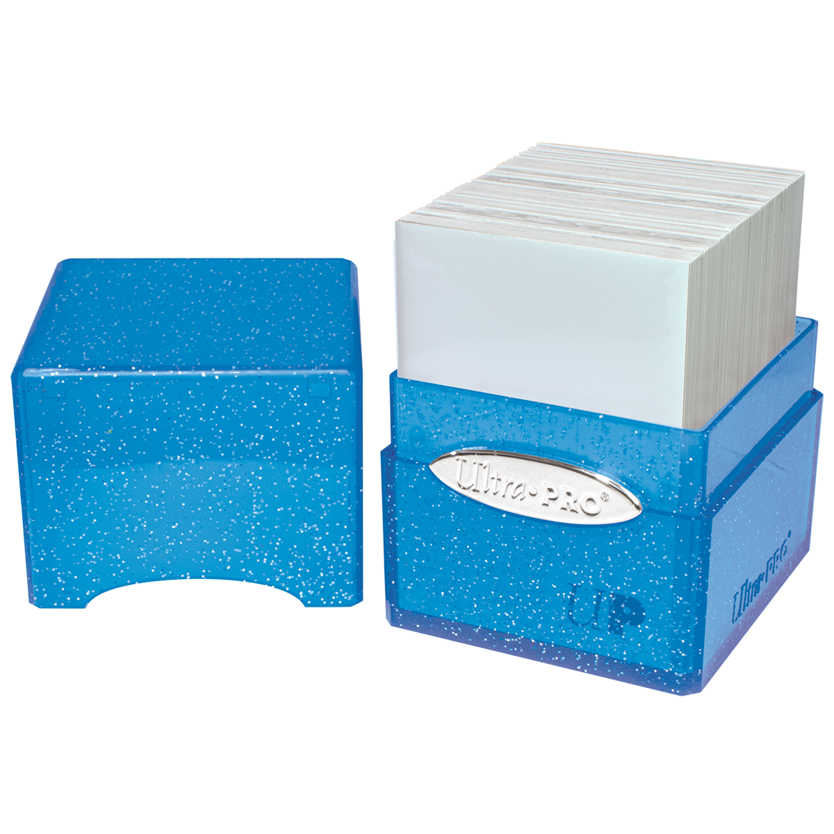 A blue glitter deck box with a lid. Brand: Ultra-Pro, Item: Glitter SATIN® Cube - Blue.
