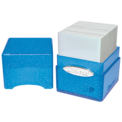A blue glitter deck box with a lid. Brand: Ultra-Pro, Item: Glitter SATIN® Cube - Blue.