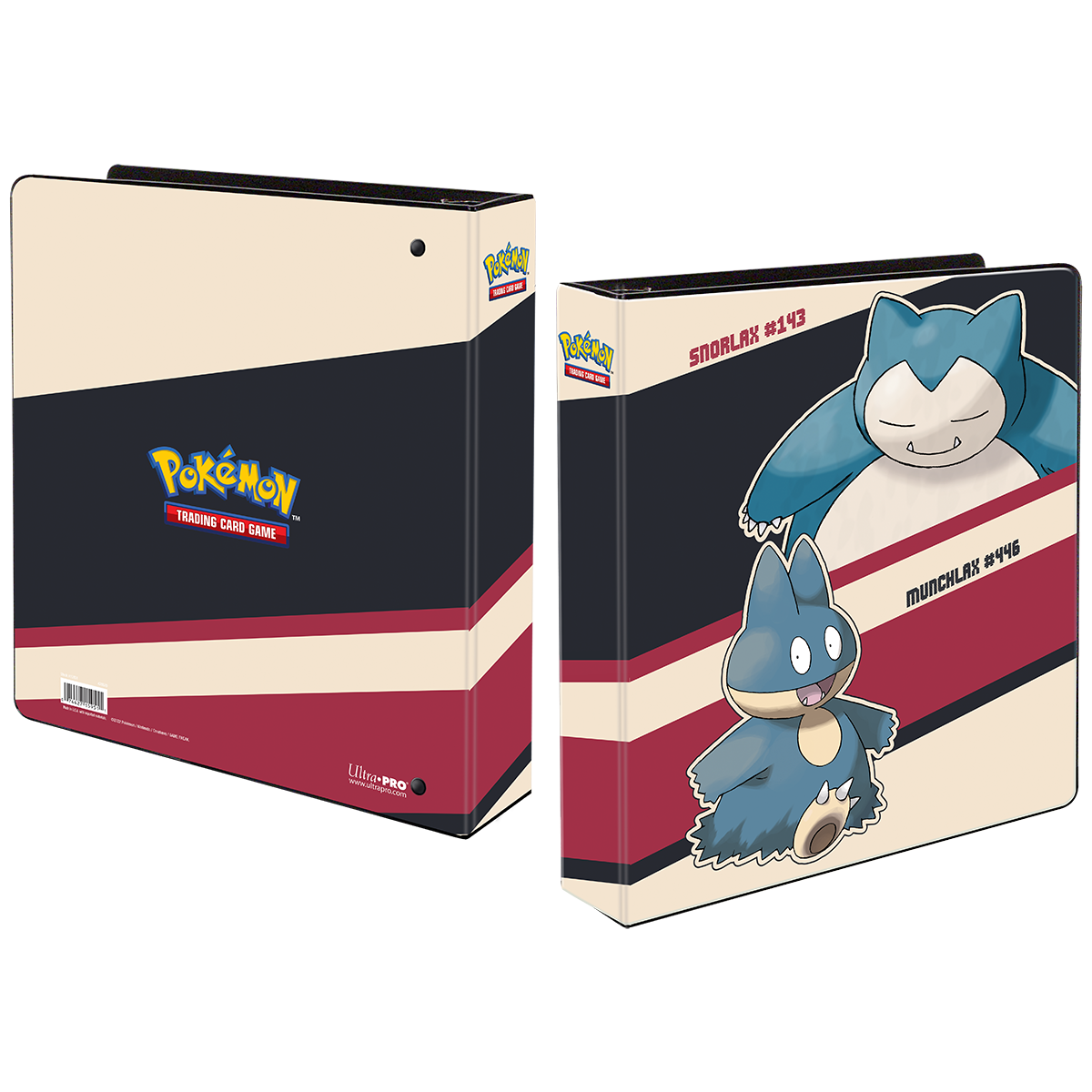 A cream, navy, and maroon 2" binder for Pokémon Trading Card Game. Features Snorlax and Munchlax artwork. Brand: Ultra PRO, Item: 2" Snorlax and Munchlax Album for Pokémon
