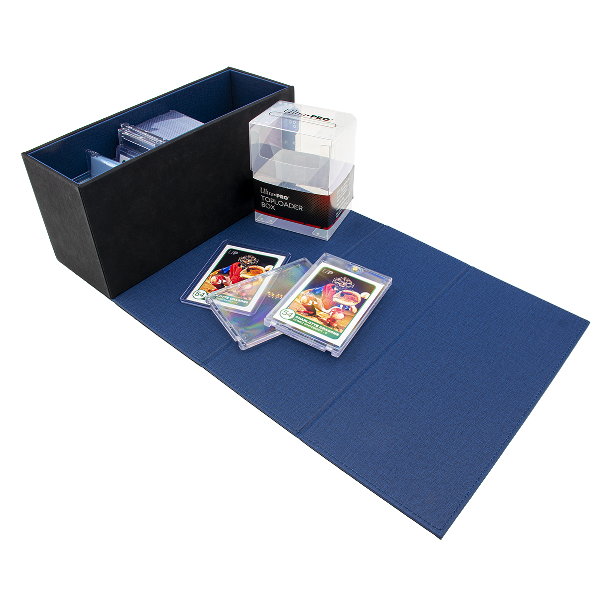 A blue and black All-In-One Breaker Box and Mat Combo. Brand: Ultra-Pro, Item: Toploader Box and Playmat.