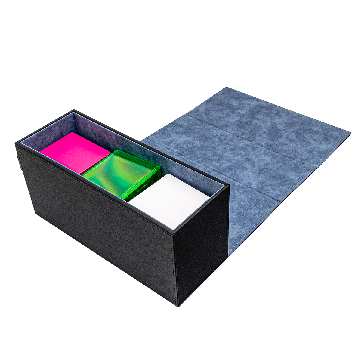 A black All-In-One Breaker Box and Mat Combo with a blue interior and lid, containing three colorful card boxes.