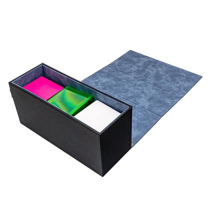 A black All-In-One Breaker Box and Mat Combo with a blue interior and lid, containing three colorful card boxes.