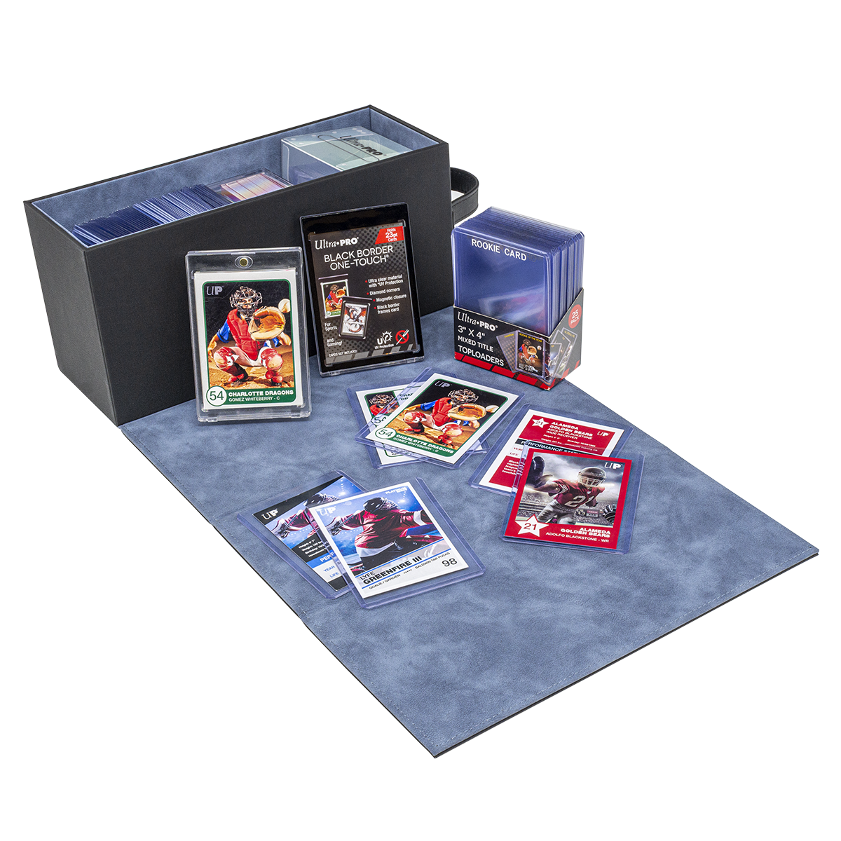 A black Ultra PRO All-In-One Breaker Box and Mat Combo with various trading card sleeves and top loaders.