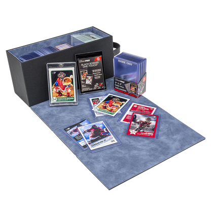 A black Ultra PRO All-In-One Breaker Box and Mat Combo with various trading card sleeves and top loaders.