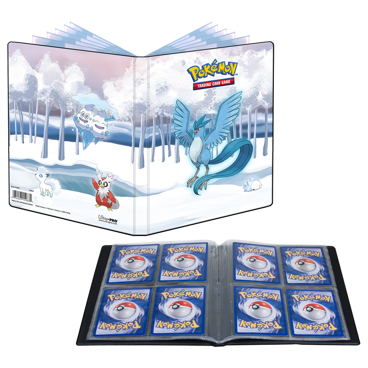 A Frosted Forest themed 4-Pocket Portfolio for Pokémon Trading Cards. Brand: Ultra-Pro, Item: Gallery Series Frosted Forest 4-Pocket Portfolio.