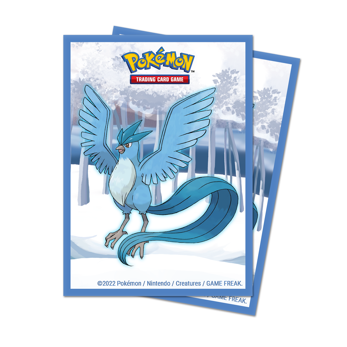 A blue and white Gallery Series Frosted Forest Standard DECK PROTECTOR® Sleeves (65ct) for Pokémon featuring Articuno. Brand: Ultra PRO, Item: Gallery Series Frosted Forest Standard DECK PROTECTOR® Sleeves (65ct) for Pokémon