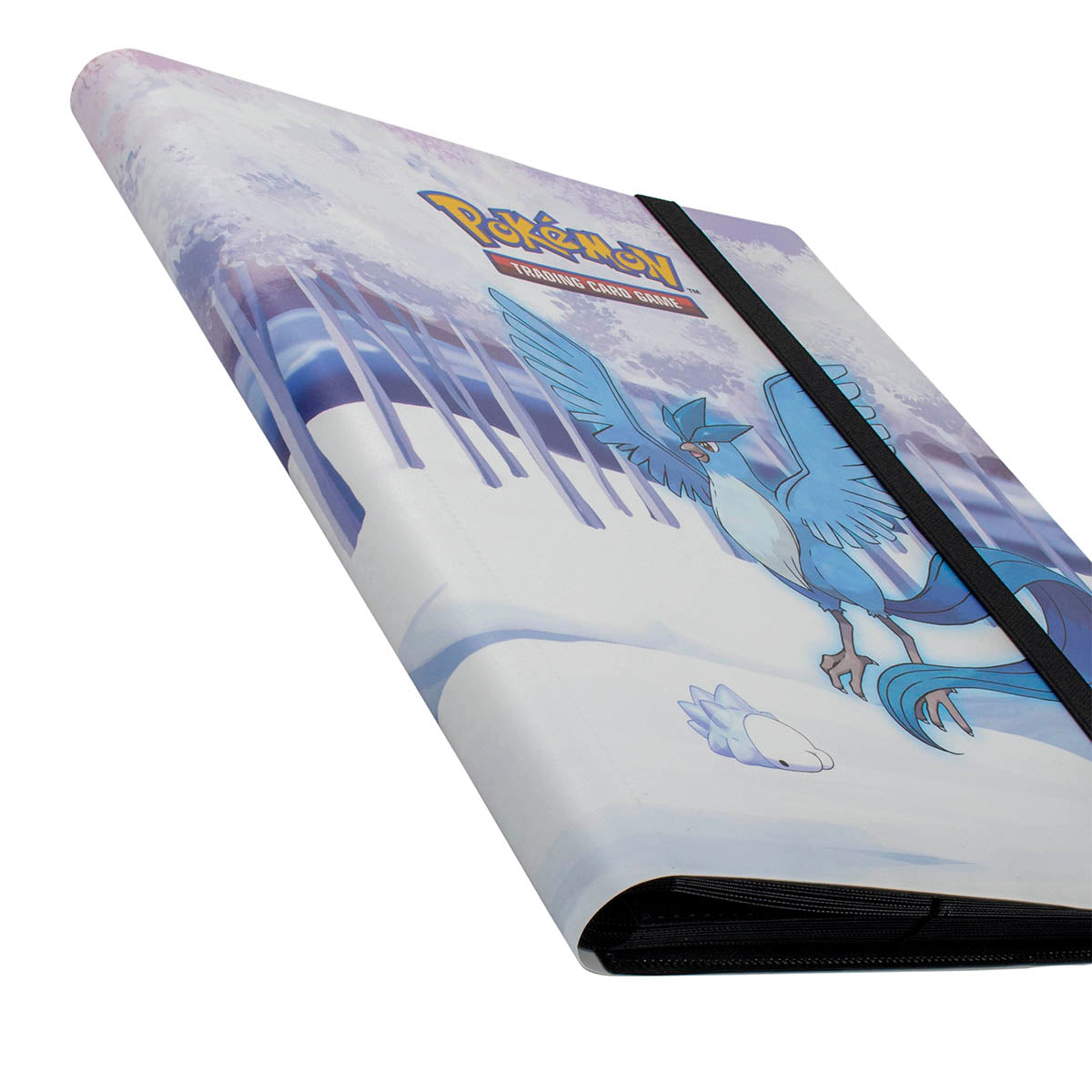 A white and blue Pokemon Trading Card Game 9-Pocket PRO-BINDER with Articuno and a Snorunt in a frosted forest scene. Brand: Pokemon, Item: Gallery Series Frosted Forest 9-Pocket PRO-BINDER for Pokemon.