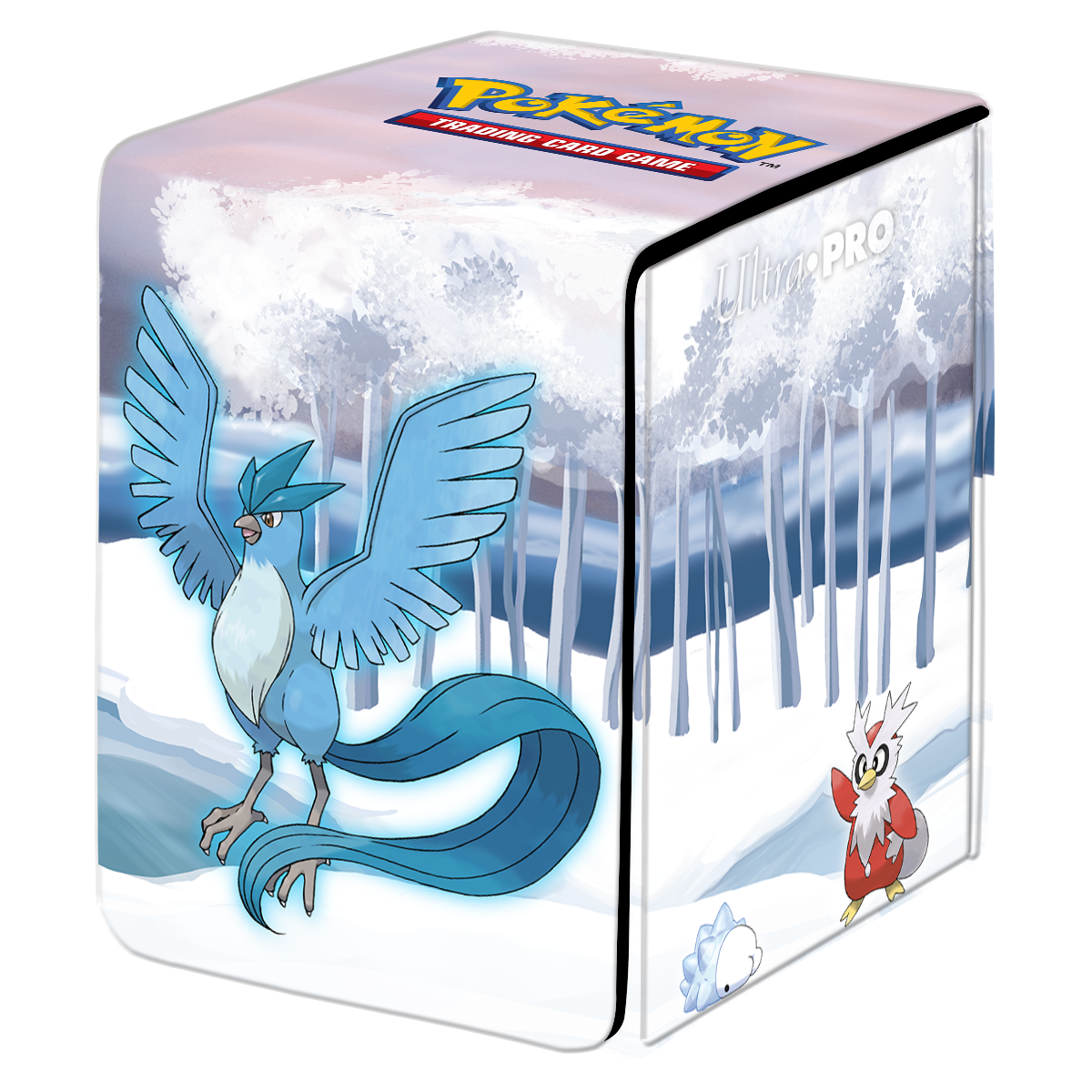 A white and blue Gallery Series Frosted Forest ALCOVE Flip Deck Box for Pokemon. Brand: Ultra PRO, Item: Gallery Series Frosted Forest ALCOVE Flip DECK BOX for Pokemon.