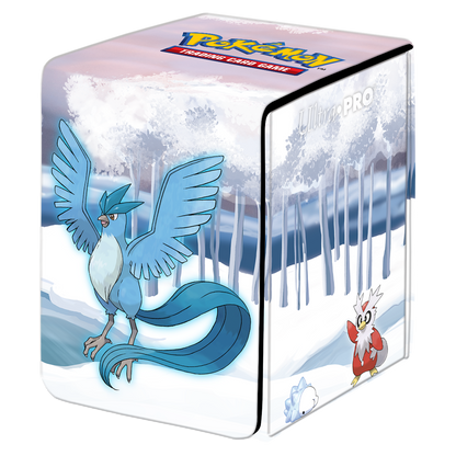 A white and blue Gallery Series Frosted Forest ALCOVE Flip Deck Box for Pokemon. Brand: Ultra PRO, Item: Gallery Series Frosted Forest ALCOVE Flip DECK BOX for Pokemon.