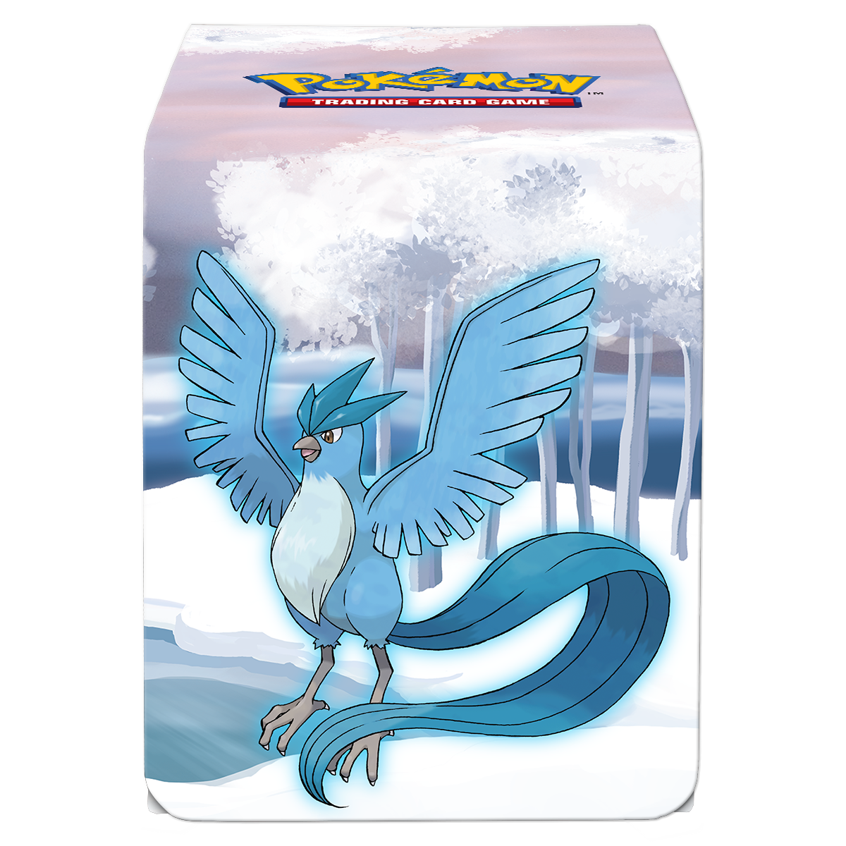 A blue Articuno Pokémon Trading Card Game deck box with a frosted forest background. Brand: Ultra PRO, Item: Gallery Series Frosted Forest ALCOVE® Flip DECK BOX® for Pokémon