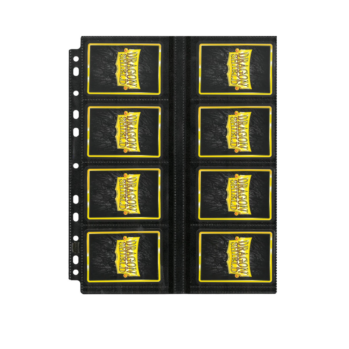 A black 16-pocket page for standard size trading cards. Brand: Dragon Shield, Item: 16 Pocket Pages - Regular - Standard Size.