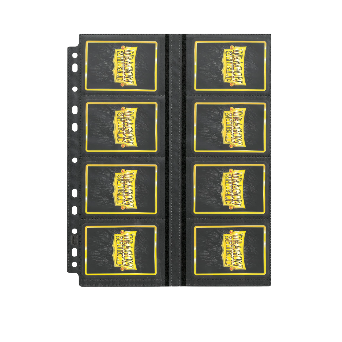 A black 16-pocket page protector for standard size cards. Brand: Dragon Shield, Item: 16 Pocket Pages - Non-Glare - Standard Size.