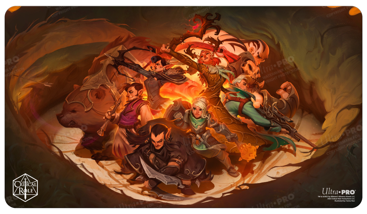 A vibrant gaming playmat featuring the Critical Role Vox Machina characters in an epic battle scene, with a dragon-like creature in the background. Brand: Ultra PRO, Item: Critical Role Vox Machina Standard Gaming Playmat.