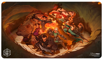 A vibrant gaming playmat featuring the Critical Role Vox Machina characters in an epic battle scene, with a dragon-like creature in the background. Brand: Ultra PRO, Item: Critical Role Vox Machina Standard Gaming Playmat.