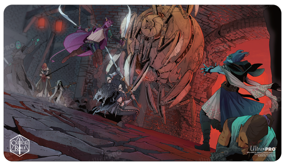 A dynamic illustration of the Critical Role Mighty Nein characters battling a large mechanical creature on a stone-paved, red-lit dungeon floor. Brand: Ultra PRO, Item: Critical Role The Mighty Nein Standard Gaming Playmat.