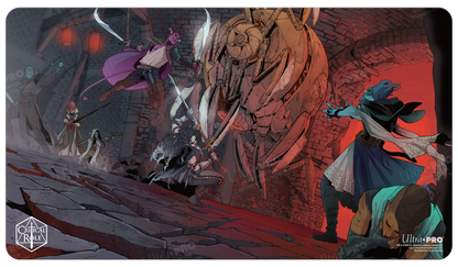 A dynamic illustration of the Critical Role Mighty Nein characters battling a large mechanical creature on a stone-paved, red-lit dungeon floor. Brand: Ultra PRO, Item: Critical Role The Mighty Nein Standard Gaming Playmat.