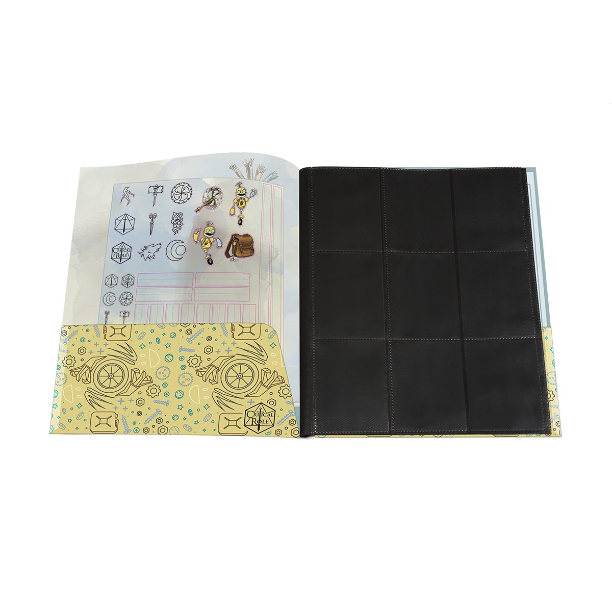 A yellow Critical Role Bells Hells RPG Folio with stickers and card sleeves. Brand: Critical Role, Item: Bells Hells Fresh Cut Grass RPG Folio with Stickers.