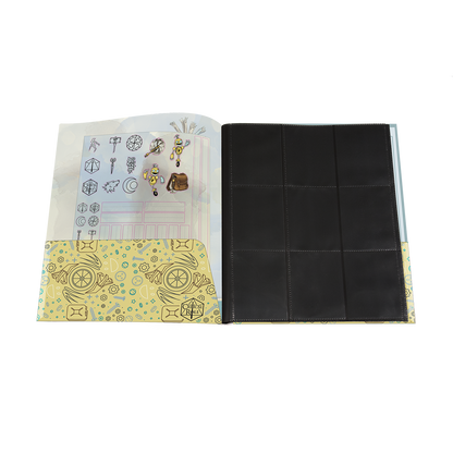 A yellow Critical Role Bells Hells RPG Folio with stickers and card sleeves. Brand: Critical Role, Item: Bells Hells Fresh Cut Grass RPG Folio with Stickers.