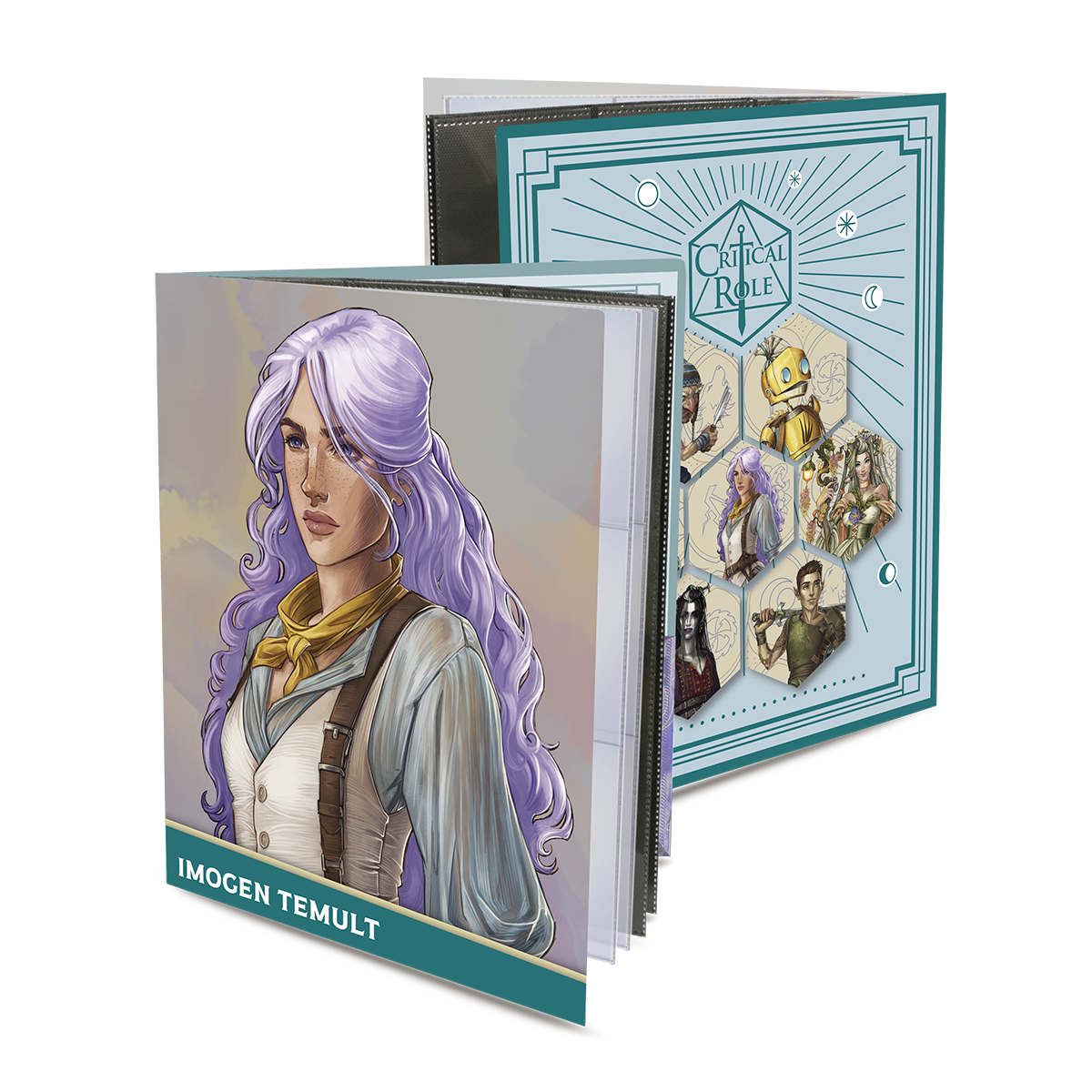 A teal and white Critical Role Bells Hells Imogen Temult RPG Folio with Stickers. Brand: Ultra PRO, Item: Critical Role Bells Hells Imogen Temult RPG Folio with Stickers.