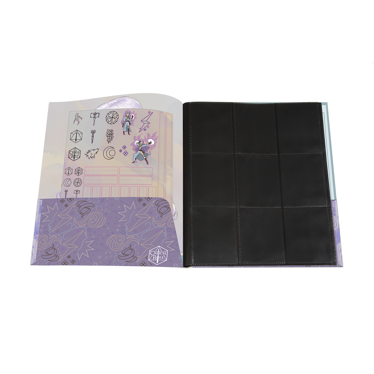 A purple Critical Role Bells Hells Imogen Temult RPG Folio with character stickers and card sleeves.